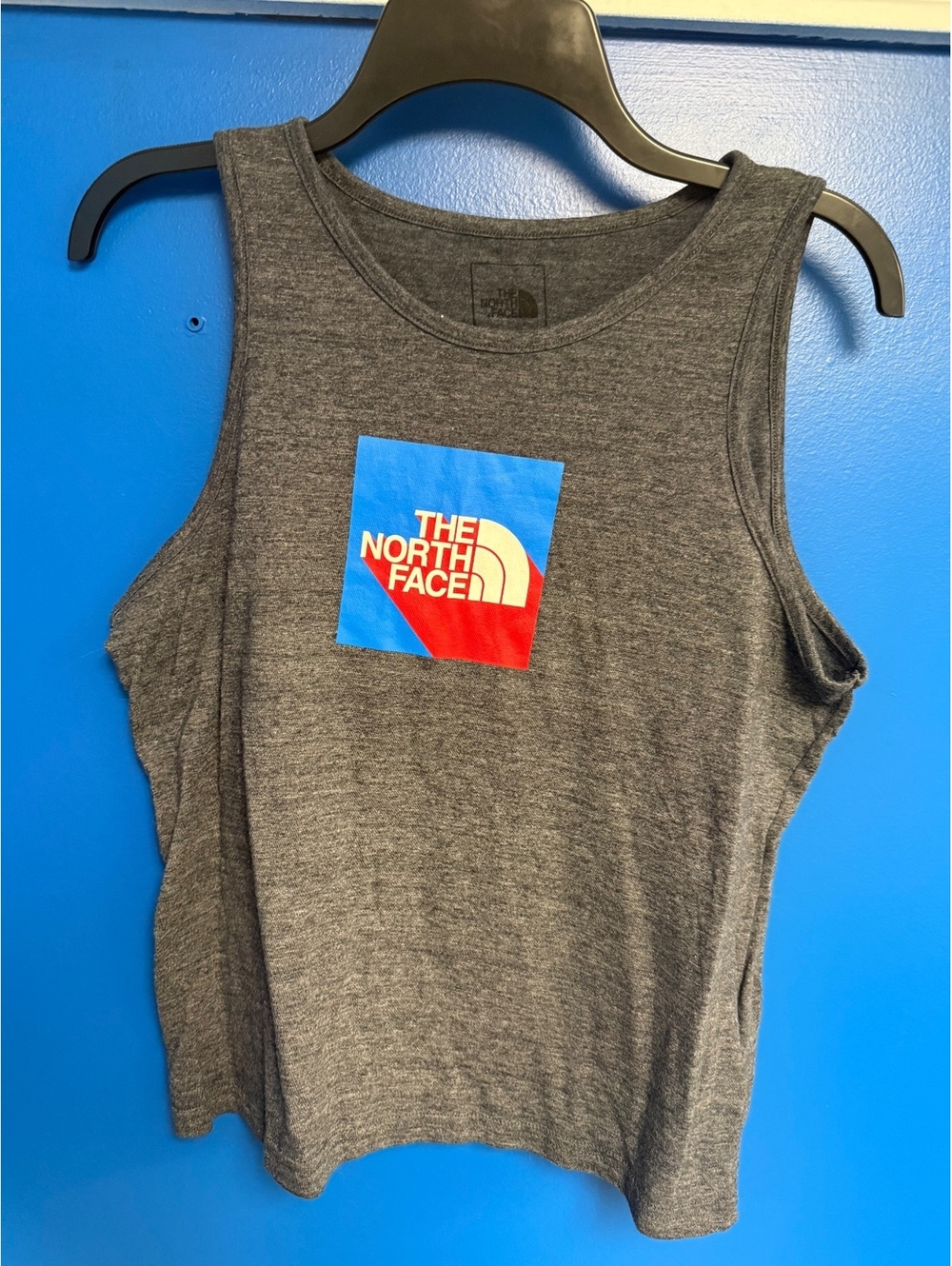 The North Face Womens Medium Gray Graphic Tank Top Blue Red Box Logo
